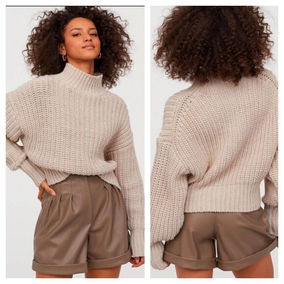 H&M Chunky Knit Oversized Sweater Mock Neck Pullover in Light Gray Size XS - Picture 1 of 8